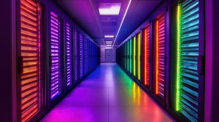 Vibrant and dynamic data center corridor with colorful led lights illuminating server racks