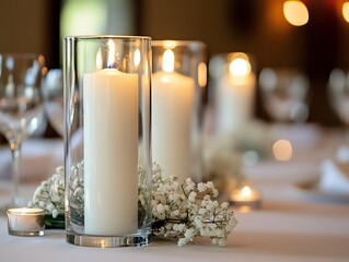White pillar candles in glass holders wedding setup