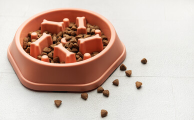 Dry pet food is in a slow feeder bowl on a tiled floor