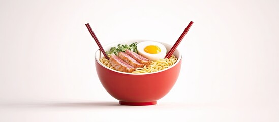 Red bowl of ramen noodles featuring chashu, a soft-boiled egg, and green onions set against a minimalist white background with chopsticks.