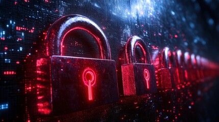 Futuristic digital security concept featuring glowing red locks on a hightech data background