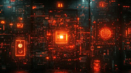 Abstract neon circuitry wall with glowing orange and red elements in a dark futuristic environment