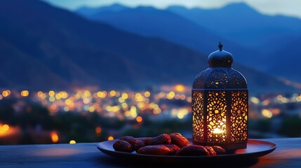 Tea light candle on a holder with mountainous backdrop at night.