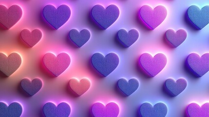 Vibrant Valentine's card set with glowing pink and purple neon heart patterns, featuring heart cutouts and soft shadows on white