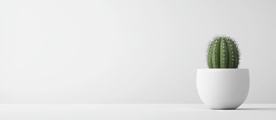 Barrel cactus with soft spines in a white pot, positioned on a simple white surface, against a bright white background, showcasing minimalism and tranquility.