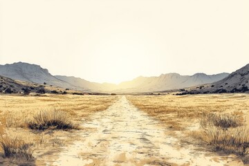 Fototapeta premium Sunset over a vast dry landscape with distant mountains and a winding dirt path leading into the horizon