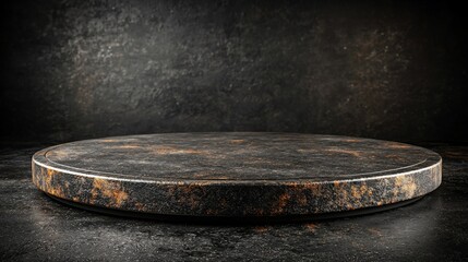 Rustic metal round display stand on dark background