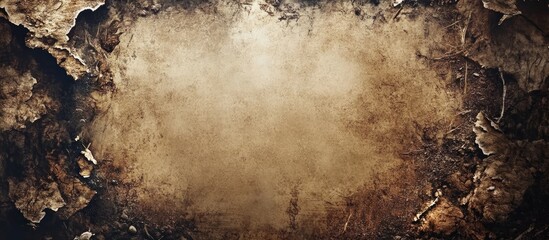Moldy textured background with dark brown and beige tones featuring central empty space for text overlay and rugged edges for a vintage look
