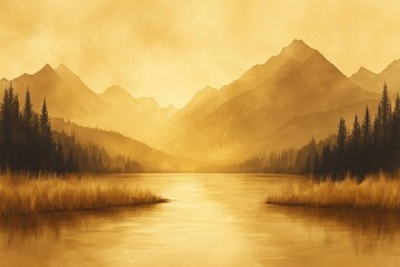 Fototapeta premium Beautiful sunset over a serene lake surrounded by mountains and pine trees in a tranquil landscape