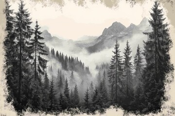 Obraz premium Majestic mountain landscape shrouded in fog during early morning hours