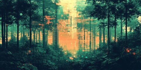 Naklejka premium Trees stand tall amidst an overlay of geometric digital abstractions