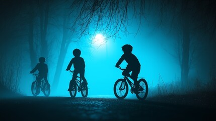 Children ride bicycles through foggy forest at night illuminated by moonlight