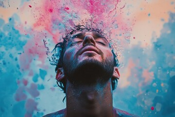 A man with closed eyes immersed in a burst of colorful paint, evoking emotions of freedom, artistic expression, and introspection.