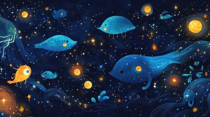 Floating creatures swim in a dark space among twinkling stars