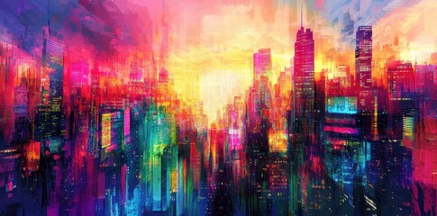 Naklejka premium Vibrant cityscape painting displays colorful skyscrapers at dawn or dusk