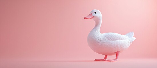 Fototapeta premium A white duck stands gracefully on a soft pink background, creating a serene and playful atmosphere