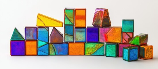Colorful arrangement of vibrant magnetic tile blocks in various shapes against a clean white backdrop showcasing transparency and rich reflections.