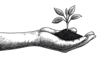 Traditional hand-drawn etching of hands cradling a seedling with soil