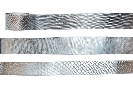 Set of Faux snakeskin tape stripes in metallic pewter isolated on transparent white background