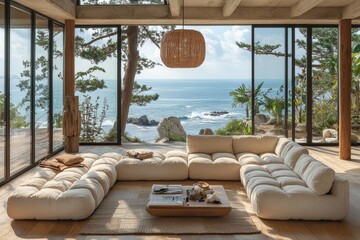 Fototapeta premium Japandi inspired beach house coastal location interior design serene environment wide viewpoint contemporary concept