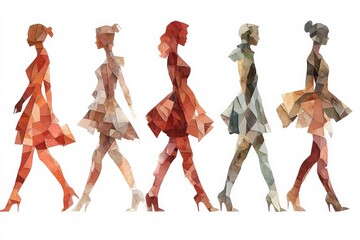 Fashionable silhouettes in various poses showcase modern dress designs in a vibrant and artistic manner