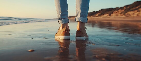Close up of casual individual in light jeans and brown shoes walking along the wet shoreline at sunset with reflective water and beach background