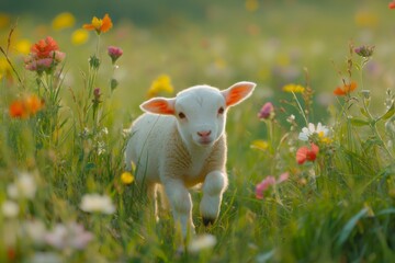 Fototapeta premium Charming white lamb joyfully explores a meadow bursting with colorful wildflowers, creating a heartwarming scene of springtime innocence