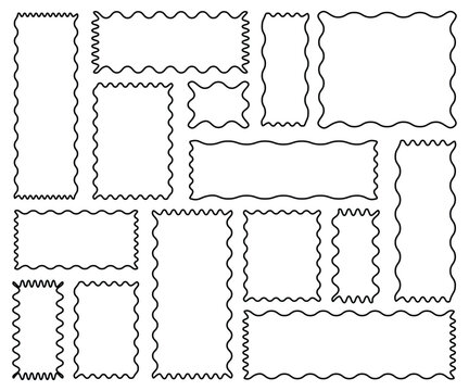 Set of rectangle frames with wavy edges. Zigzag wavy edges, rectangles, photo frames, text boxes, tags, labels. Vector illustration.