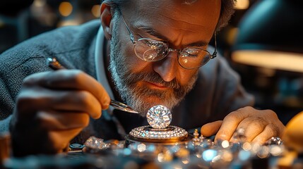 a male jeweler assesses a diamond ring in the workshop text space availabl