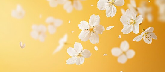 White cherry flowers gracefully levitating against a soft pastel yellow background with a blurred effect, creating a serene spring ambiance.