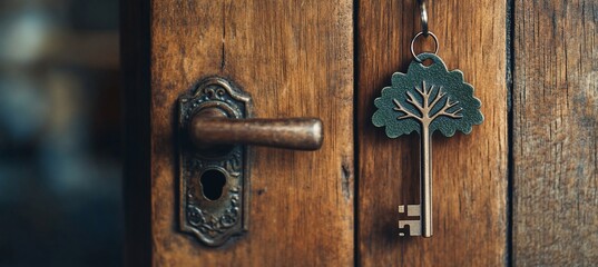 Wooden door with antique handle and key with tree design.
