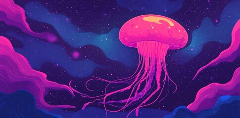 Fototapeta premium A luminous jellyfish floats amongst nebulous clouds in space
