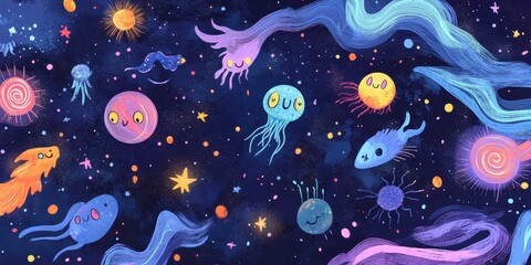 Colorful whimsical outer space scene with smiling creatures and stars