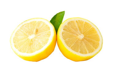 Yellow lemon fruits cut into two halves or pieces with green leaf in stack isolated with clipping path in png file format
