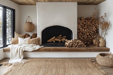 Minimalist japandi fireplace nook with high fidelity acoustic features cozy living room tranquil atmosphere inviting design