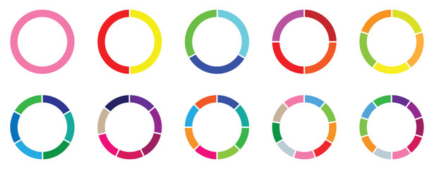 Pie chart set. Colorful diagram collection with 1,2,3,4,5,6,7,8,9,10, sections or steps. Circle icons for Infographic wheel segment and fraction. Vector illustration