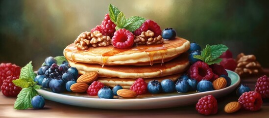 Breakfast platter with stacked pancakes topped with fresh raspberries blueberries walnuts and mint leaves on a rustic wooden table setting.