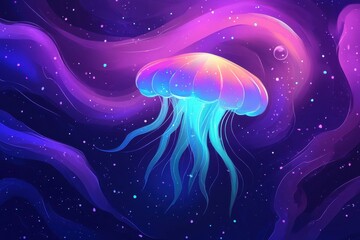 Luminous jellyfish gracefully floats through a colorful cosmic nebula