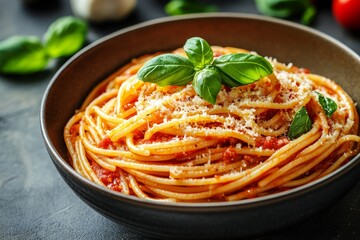 Spaghetti tomato sauce basil parmesan dark background food photography
