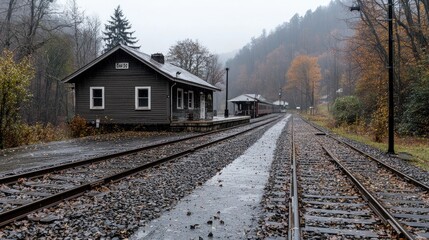 Obraz premium Rainy autumn day at a rustic train station