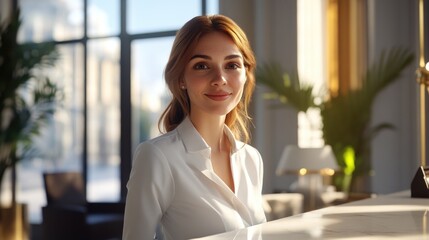 Woman working at a desk with two laptops, smiling and exuding a sense of professionalism.