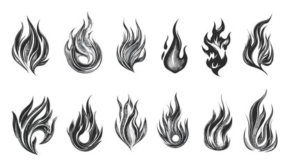 Collection of Hand-Drawn Fire Flames in Vintage Woodcut Engraved Style
