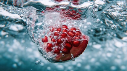 Pomegranate Splash Underwater Close Up of Red Seeds in Water and Bubbles Close Up, Healthy Food Phot