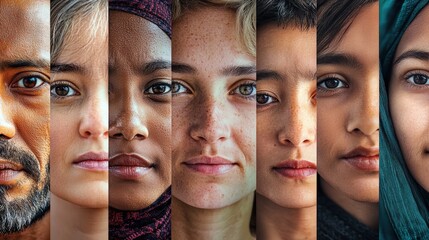 Diverse faces showcase a mosaic of humanity, symbolizing unity and global citizenship. Ideal for diversity initiatives, multicultural projects, and social responsibility campaigns.