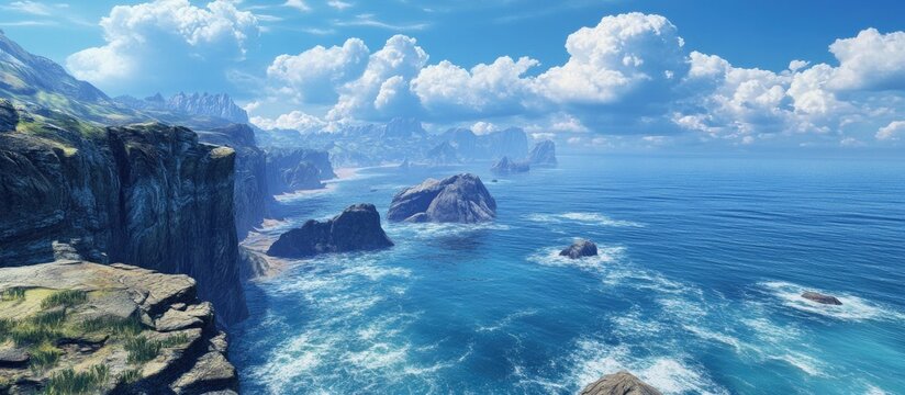 Panoramic view of a rugged coastline with blue sea cliffs under a clear blue sky with fluffy clouds and vibrant turquoise waters