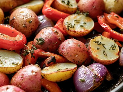 Roasted potatoes, carrots and red peppers in a pan for a healthy meal.