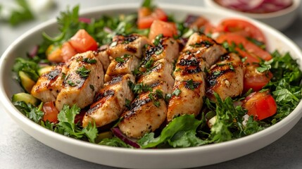 Grilled chicken breast salad with tomatoes, cucumbers, and fresh herbs