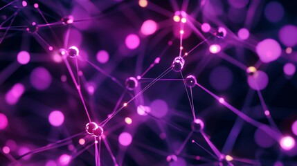 Abstract network of glowing purple nodes and connections on dark background.