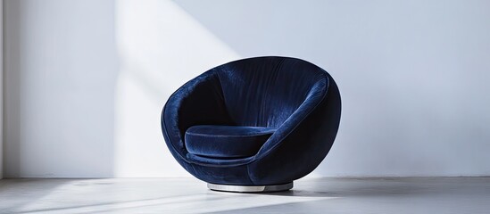Contemporary navy blue chair positioned to the left against a bright white wall creating a sleek contrast with soft shadows on the floor.