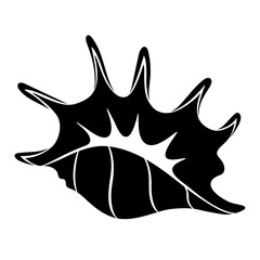 Screw Lambis sea shell or Spider conch, black silhouette isolated on white. Segmented shape, stencil style. Vector clipart, monochrome sign for illustration, marine design, icon or logo.